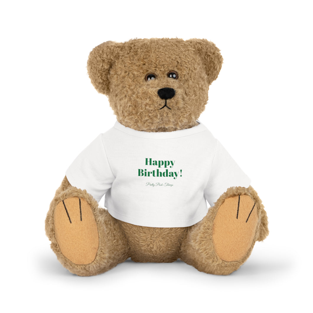 Stuffed Animal Plush Toy, with Pretty Posh Things Happy Birthday Logo Tee, in Green Print! New in Pretty Posh Things, Birthday Plushies!