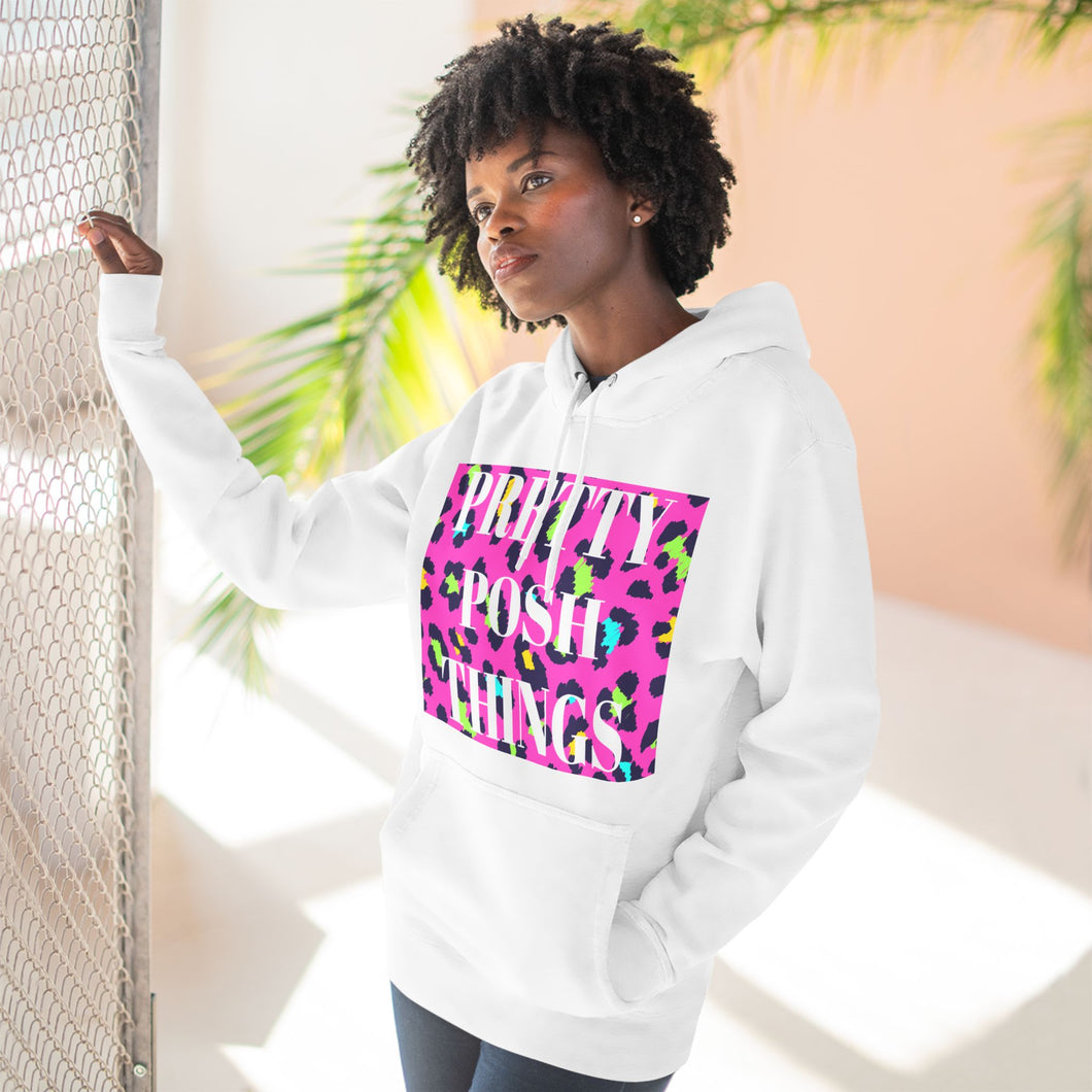 Pretty Posh Things Self Care is Self Love Hot Pink Neon Multi Leopard Print Three-Panel Fleece Hoodie, in White