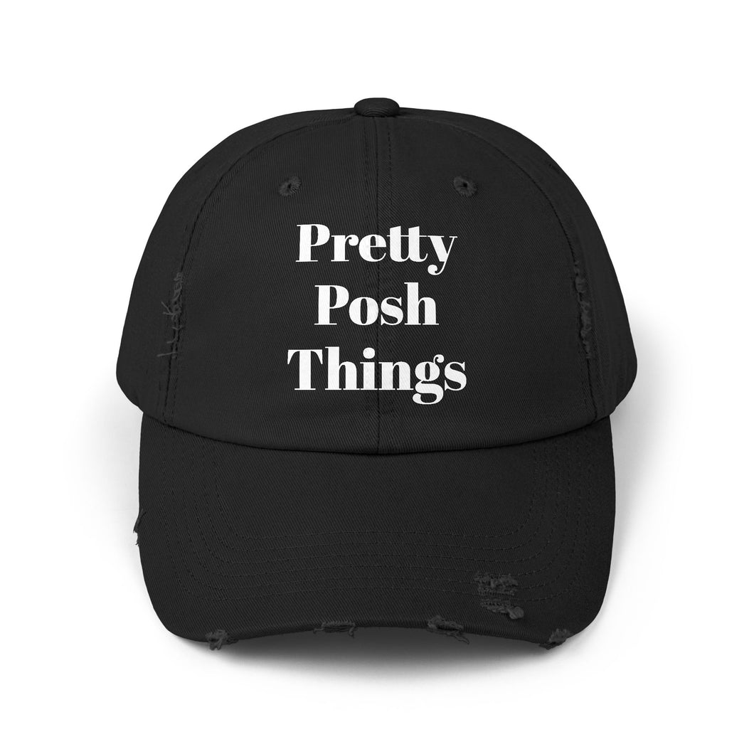 Pretty Posh Things White Logo Distressed Cotton Baseball Cap