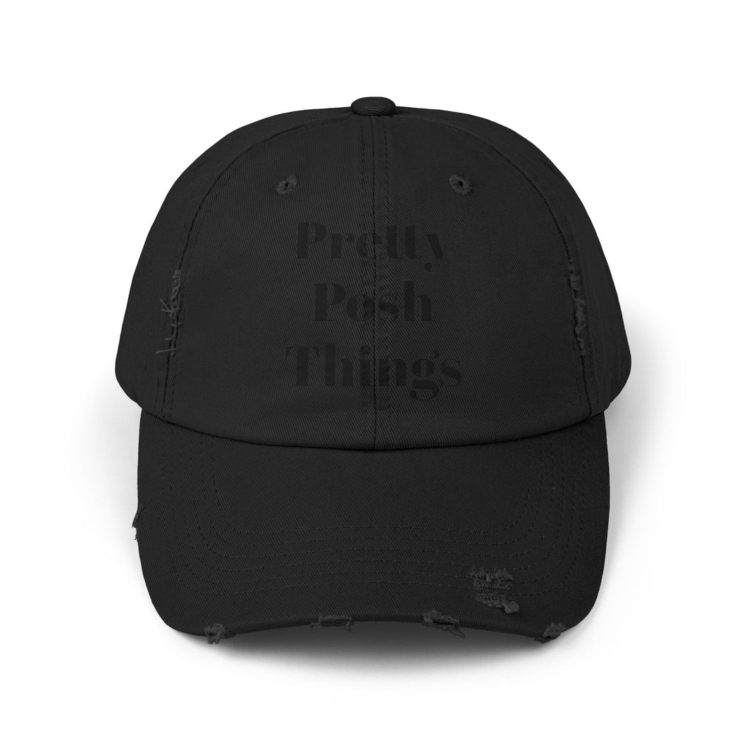 Pretty Posh Things Logo Unisex Distressed Cap, in Black