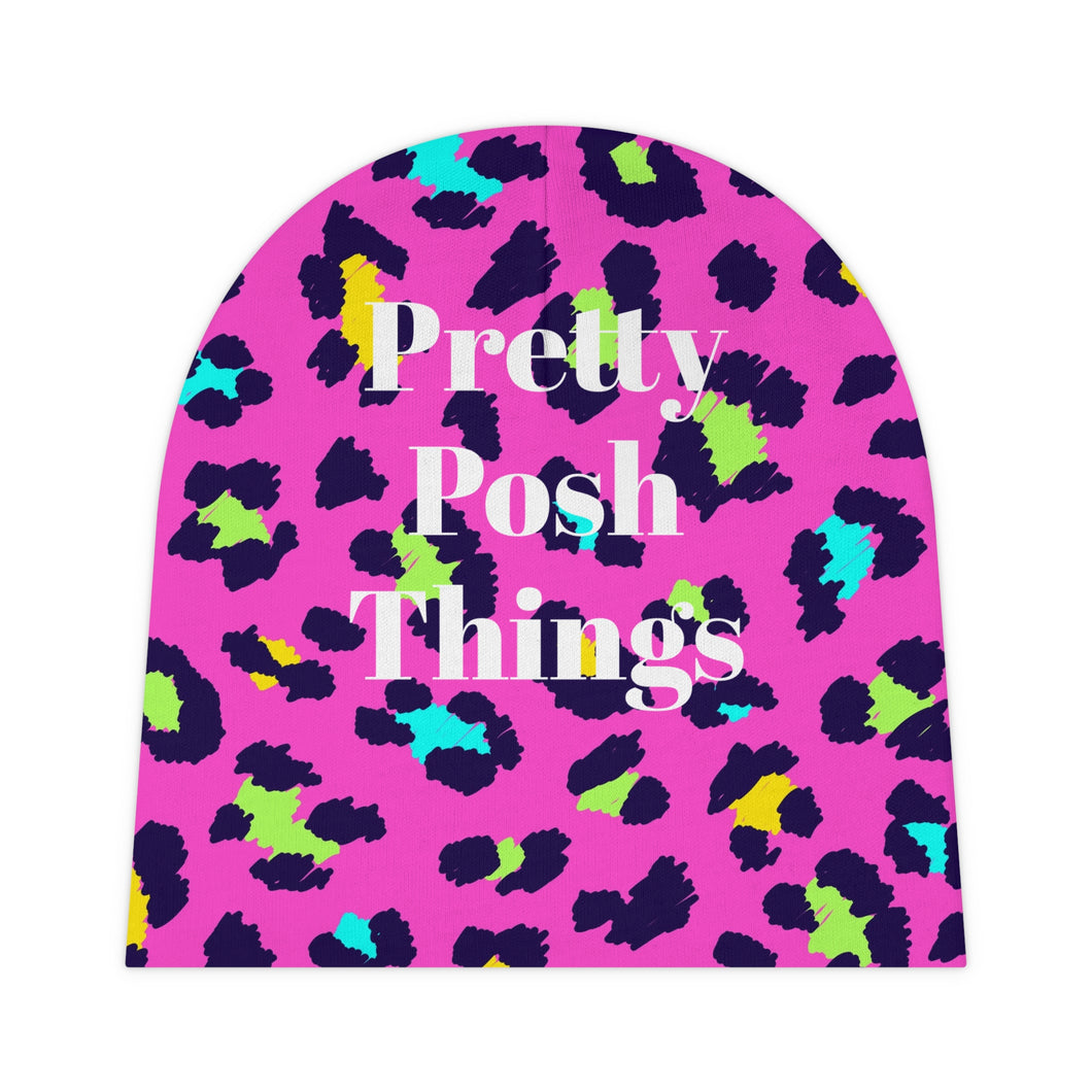 Pretty Posh Things Hot Pink Neon Multi Leopard Print Baby Beanie, with White Lettering