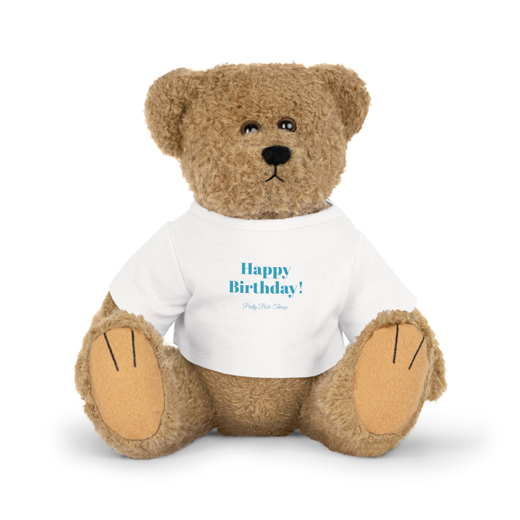 Stuffed Animal Plush Toy, with Pretty Posh Things Happy Birthday Logo Tee, in Aqua Blue Print! New in Pretty Posh Things, Birthday Plushies!