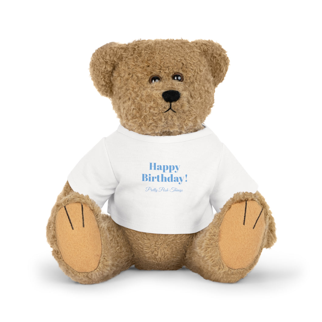 Stuffed Animal Plush Toy, with Pretty Posh Things Happy Birthday Logo Tee, in Light Blue Print! New in Pretty Posh Things, Birthday Plushies!