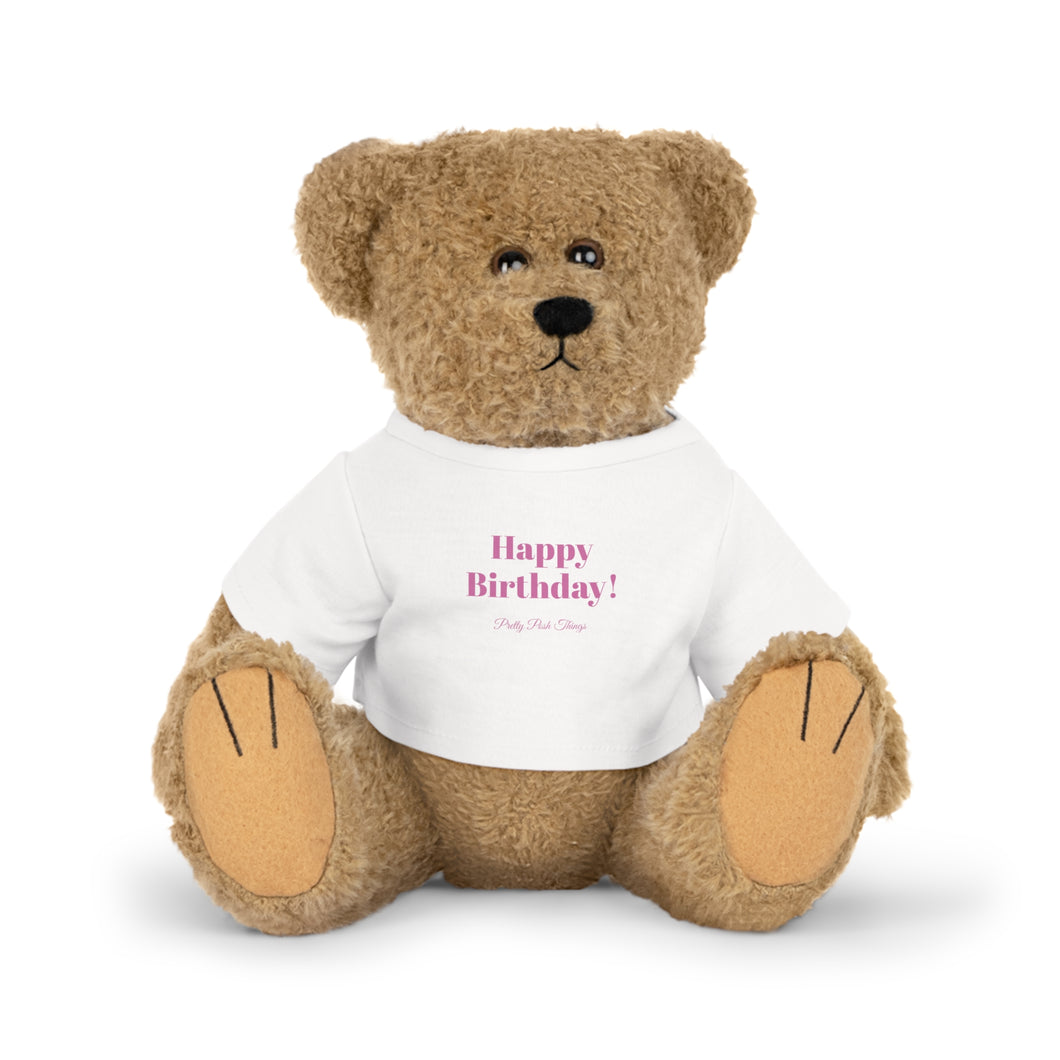 Stuffed Animal Plush Toy, with Pretty Posh Things Happy Birthday Logo Tee, in Pink Print! New in Pretty Posh Things, Birthday Plushies!